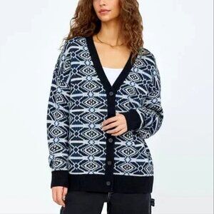 Aritzia TNA 'Jennings' Merino Wool Cardigan M Oversize Argile Colorwork Navy